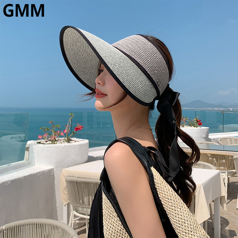 Női nyári nagy, széles karimájú, összecsukható üres felső napvédő sapka, állítható Bowknot strand napvédő szalmakalap napvédő floppy napellenző sapka