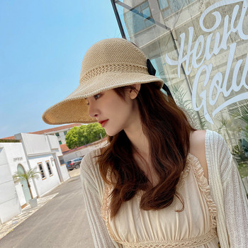 Γυναικείο καπέλο καλοκαιρινής ηλιοθεραπείας Μαύρο παπιγιόν Πτυσσόμενο ρυθμιζόμενο αναπνέον καπέλο προστασίας από υπεριώδη ακτινοβολία τόπλες Άδειο καπέλο παραλίας για ταξίδια