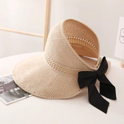 Ženska ljetna kapa sa šiltom za sunce, crna mašna, sklopiva, podesiva, prozračna, UV-zaštitna kapa, prazna kapa za plažu u toplesu, za putovanja