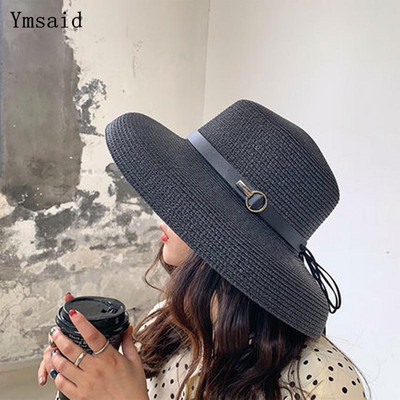 Καλοκαιρινό ψάθινο καπέλο Ymsaid για γυναίκες Grace Fashion Κομψό φιόγκο Γυναικείο καπέλο ηλίου με φαρδύ γείσο Floppy Beach