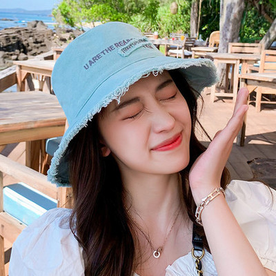 Pălărie de soare pentru femei, din denim, cu litere brodate, șapcă de pescar coreeană, de vară, anti-ultraviolete, pălării cu boruri mari