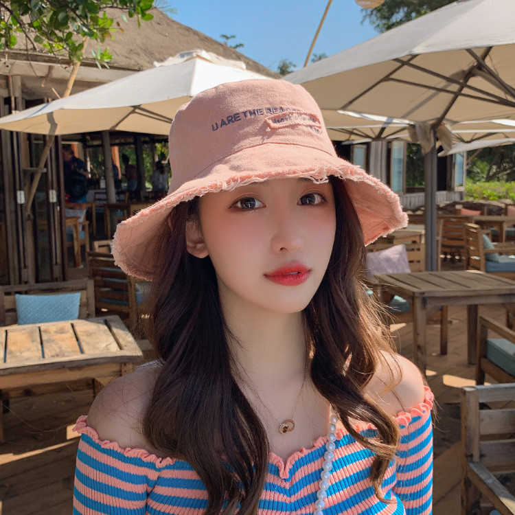 Pălărie de soare pentru femei, din denim, cu litere brodate, șapcă de pescar coreeană, de vară, anti-ultraviolete, pălării cu boruri mari