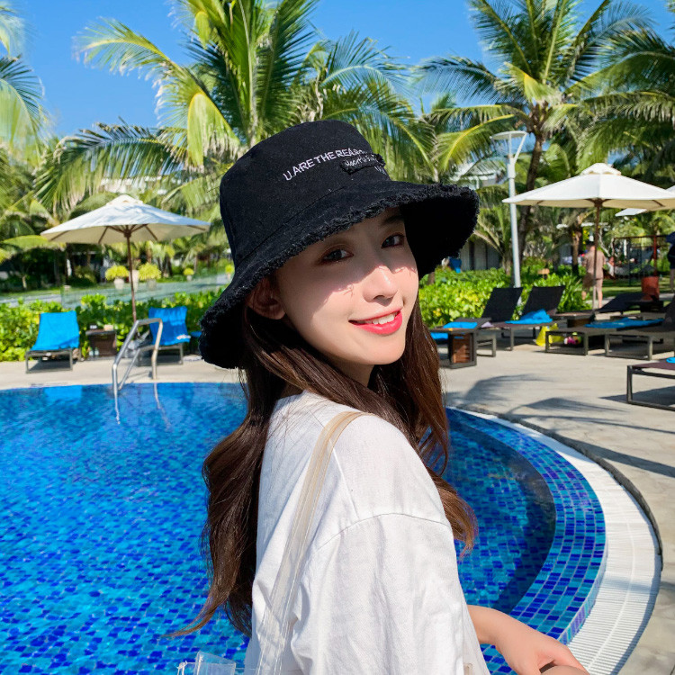 Pălărie de soare pentru femei, din denim, cu litere brodate, șapcă de pescar coreeană, de vară, anti-ultraviolete, pălării cu boruri mari