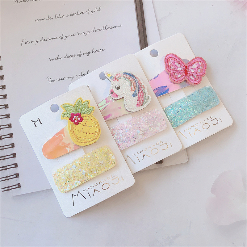 Új Korea édes lány aranyos rajzfilm pillangó egyszarvú BB csíptetős fejdísz divat flitter négyzet gyerek hajtűk hajkiegészítők