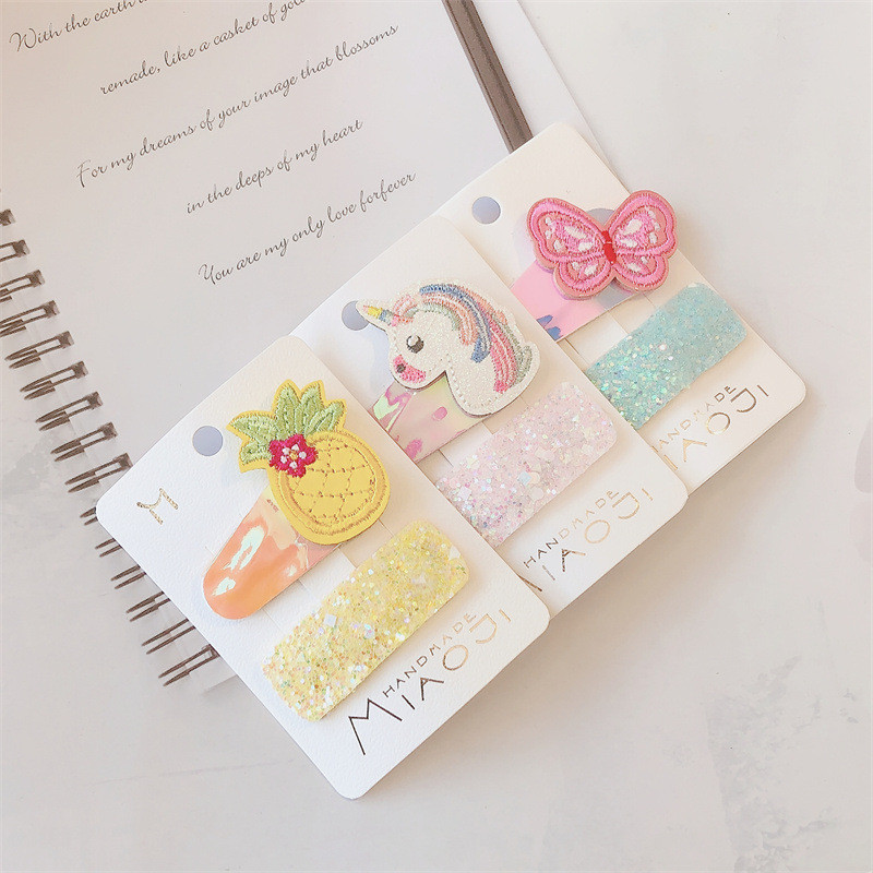 Új Korea édes lány aranyos rajzfilm pillangó egyszarvú BB csíptetős fejdísz divat flitter négyzet gyerek hajtűk hajkiegészítők