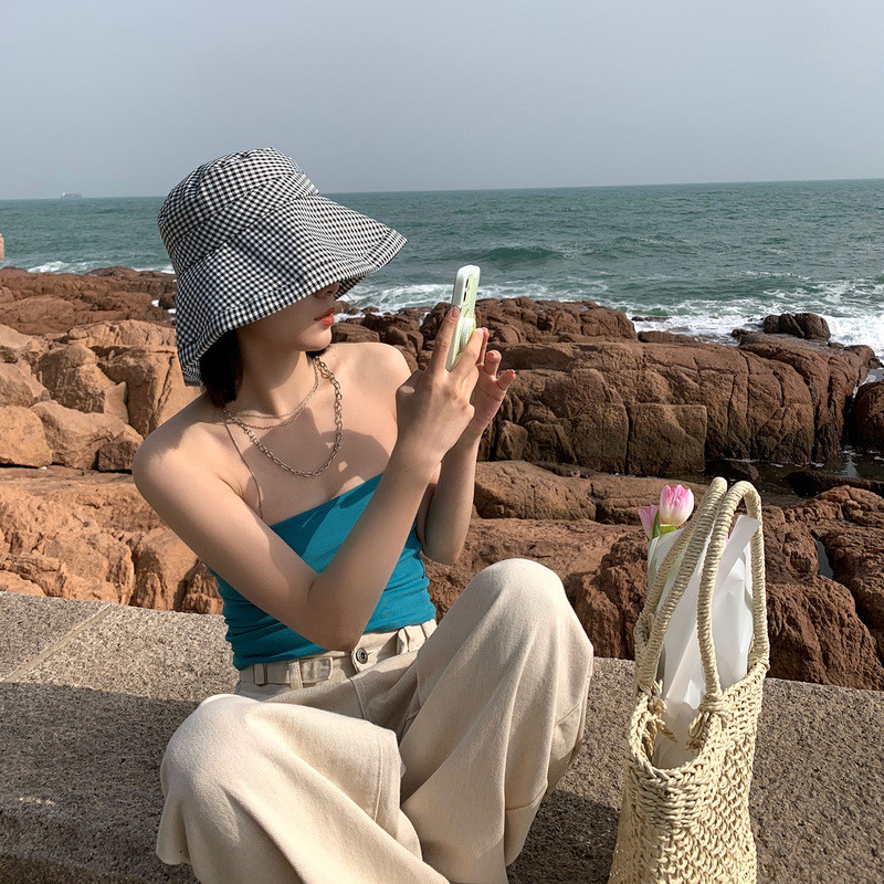 2023 Karirani šešir za djevojčice sa širokim obodom za žene Flodable šešir sa šiltom za sunčanje za plažu za žene Pamučni šešir sa šiltom za zaštitu na otvorenom