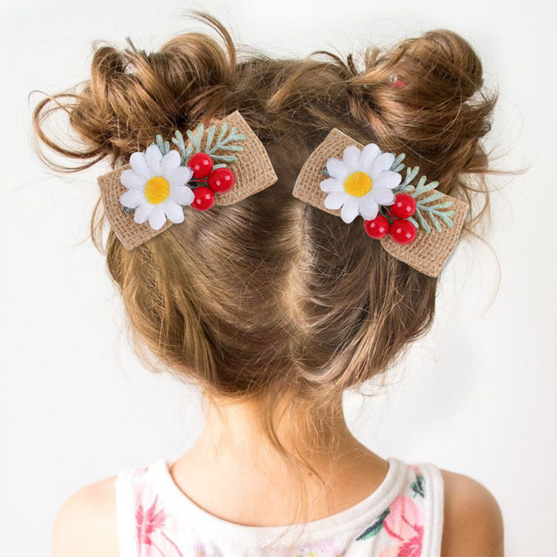 2 bucăți de agrafă de păr cu fundă florală de in pentru fetiță, minge de pluș, agrafe cu flori de margarete, accesorii pentru păr pentru copii.