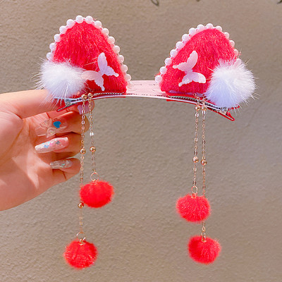 Divat Lányok Műszőrme Pom Golyó Bojt Hajcsat Vintage Nyúlfül Pompon Hajtű Hanfu Cosplay Fejfedő Party Női Hajtűk