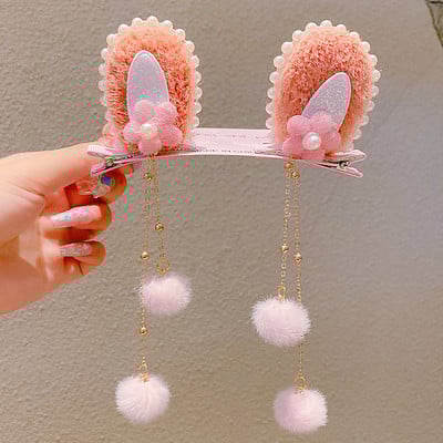 Divat Lányok Műszőrme Pom Golyó Bojt Hajcsat Vintage Nyúlfül Pompon Hajtű Hanfu Cosplay Fejfedő Party Női Hajtűk