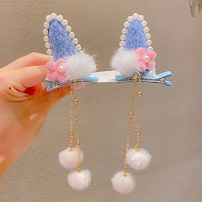 Divat Lányok Műszőrme Pom Golyó Bojt Hajcsat Vintage Nyúlfül Pompon Hajtű Hanfu Cosplay Fejfedő Party Női Hajtűk