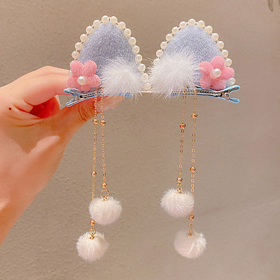 Divat Lányok Műszőrme Pom Golyó Bojt Hajcsat Vintage Nyúlfül Pompon Hajtű Hanfu Cosplay Fejfedő Party Női Hajtűk