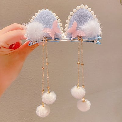 Divat Lányok Műszőrme Pom Golyó Bojt Hajcsat Vintage Nyúlfül Pompon Hajtű Hanfu Cosplay Fejfedő Party Női Hajtűk