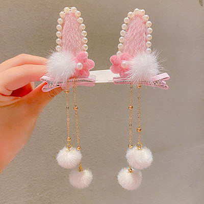 Divat Lányok Műszőrme Pom Golyó Bojt Hajcsat Vintage Nyúlfül Pompon Hajtű Hanfu Cosplay Fejfedő Party Női Hajtűk