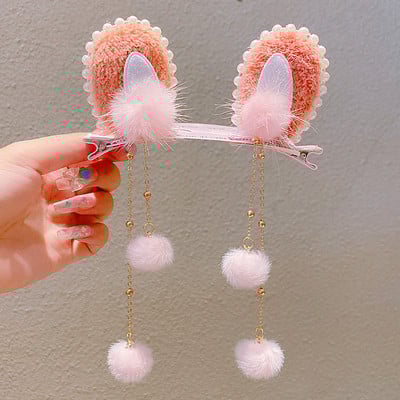 Divat Lányok Műszőrme Pom Golyó Bojt Hajcsat Vintage Nyúlfül Pompon Hajtű Hanfu Cosplay Fejfedő Party Női Hajtűk