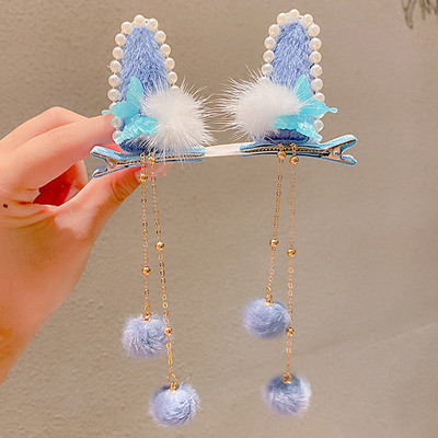 Divat Lányok Műszőrme Pom Golyó Bojt Hajcsat Vintage Nyúlfül Pompon Hajtű Hanfu Cosplay Fejfedő Party Női Hajtűk