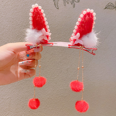 Divat Lányok Műszőrme Pom Golyó Bojt Hajcsat Vintage Nyúlfül Pompon Hajtű Hanfu Cosplay Fejfedő Party Női Hajtűk