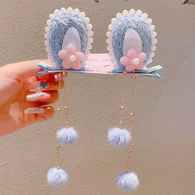 Divat Lányok Műszőrme Pom Golyó Bojt Hajcsat Vintage Nyúlfül Pompon Hajtű Hanfu Cosplay Fejfedő Party Női Hajtűk