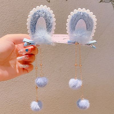 Divat Lányok Műszőrme Pom Golyó Bojt Hajcsat Vintage Nyúlfül Pompon Hajtű Hanfu Cosplay Fejfedő Party Női Hajtűk