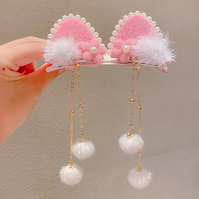 Divat Lányok Műszőrme Pom Golyó Bojt Hajcsat Vintage Nyúlfül Pompon Hajtű Hanfu Cosplay Fejfedő Party Női Hajtűk