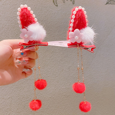 Divat Lányok Műszőrme Pom Golyó Bojt Hajcsat Vintage Nyúlfül Pompon Hajtű Hanfu Cosplay Fejfedő Party Női Hajtűk