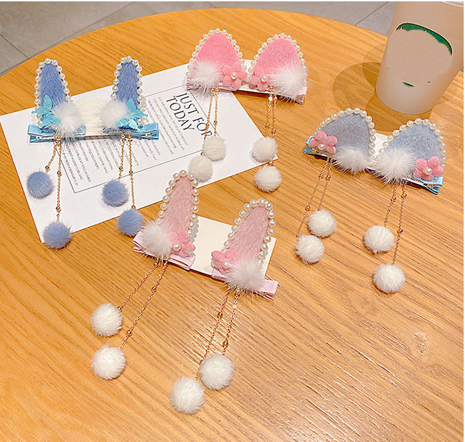 Divat Lányok Műszőrme Pom Golyó Bojt Hajcsat Vintage Nyúlfül Pompon Hajtű Hanfu Cosplay Fejfedő Party Női Hajtűk