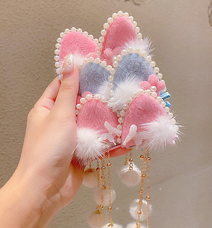 Divat Lányok Műszőrme Pom Golyó Bojt Hajcsat Vintage Nyúlfül Pompon Hajtű Hanfu Cosplay Fejfedő Party Női Hajtűk