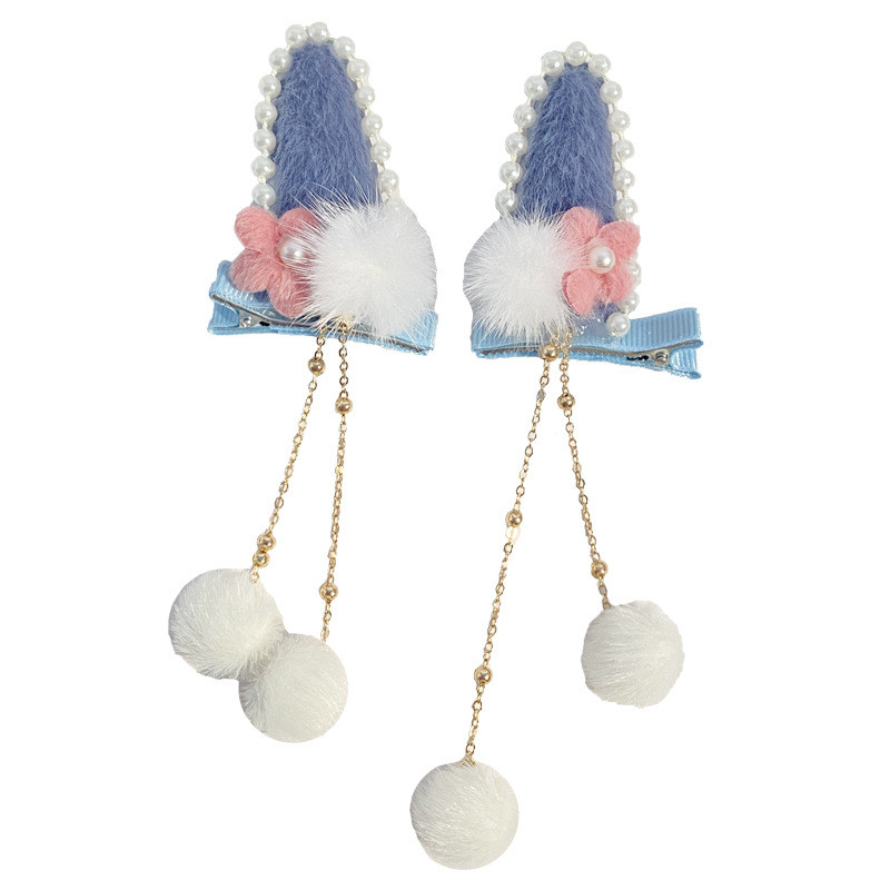 Divat Lányok Műszőrme Pom Golyó Bojt Hajcsat Vintage Nyúlfül Pompon Hajtű Hanfu Cosplay Fejfedő Party Női Hajtűk