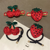 2023 drăguț roșu căpșuni cireșe accesorii de păr cu stras fructe benzi de cauciuc benzi elastice pentru păr agrafe de păr bareta en-gros