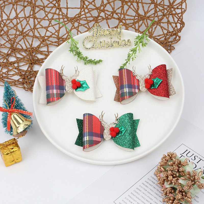 ncmama 3" Božićna mašna za kosu Dodaci za kosu Štipaljke za djevojčice Djece Svjetlucavi rogovi Lastin rep Mašne za kosu Božićni darovi