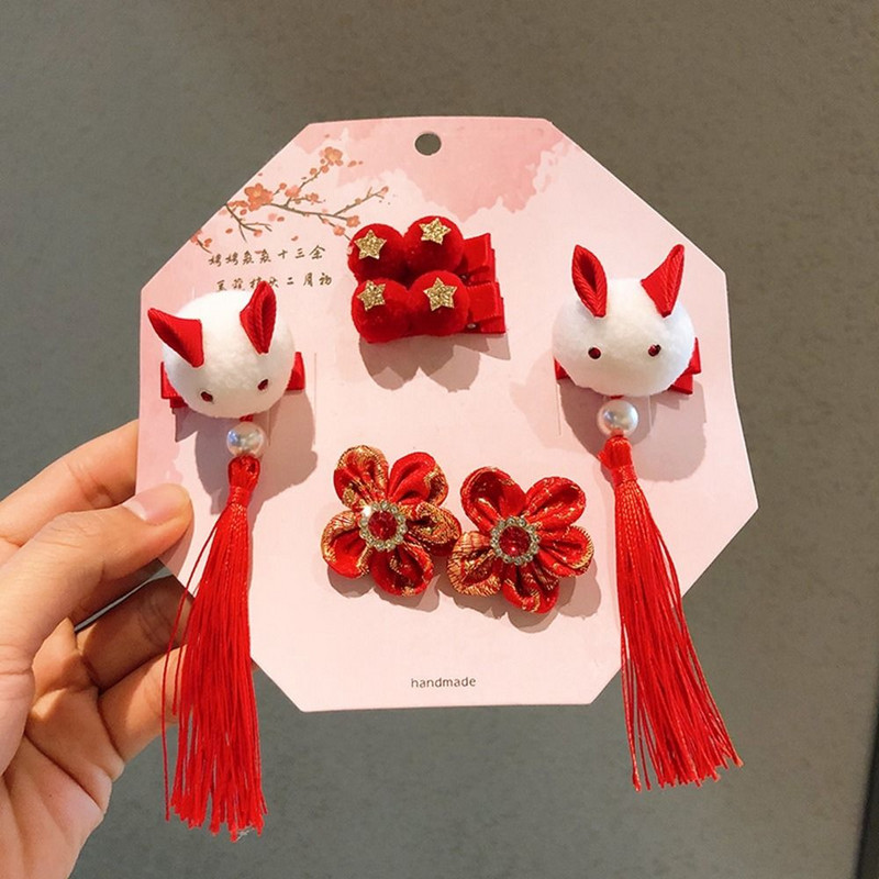 Crvene naušnice Komplet crvenih pokrivala za glavu Leptir Pokrivala za glavu u kineskom stilu Novogodišnja ukosnica Zec kopča za kosu Dječja ukosnica