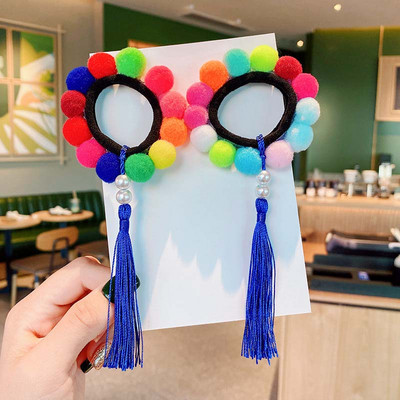 2Pcs dječje Pom Lopta s resicama Elastična užad za kosu Gumice za djevojčice Pompon Biserne gumice za kosu Rezaljke Držač za rep Dodaci za kosu