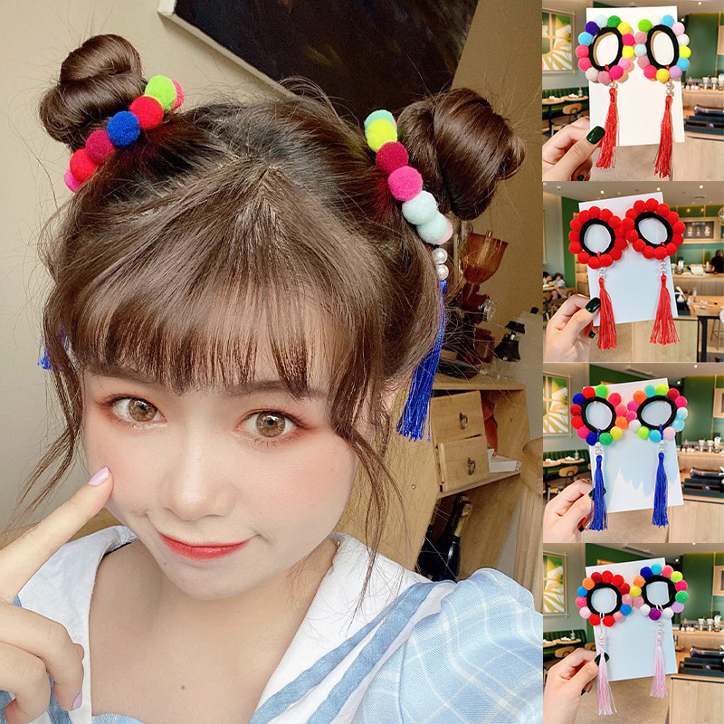 2Pcs dječje Pom Lopta s resicama Elastična užad za kosu Gumice za djevojčice Pompon Biserne gumice za kosu Rezaljke Držač za rep Dodaci za kosu