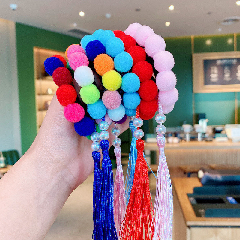 2Pcs dječje Pom Lopta s resicama Elastična užad za kosu Gumice za djevojčice Pompon Biserne gumice za kosu Rezaljke Držač za rep Dodaci za kosu