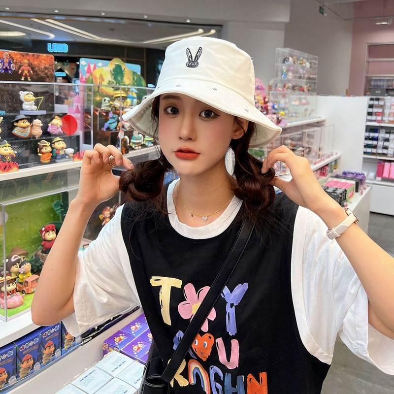 Pălărie de pescar brodata cu stea de iepure drăguț coreean pentru femei bărbați șapcă de protecție solară la modă, șapcă cu găleată respirabilă, pălărie cu vizor de plajă