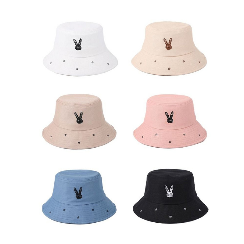 Pălărie de pescar brodata cu stea de iepure drăguț coreean pentru femei bărbați șapcă de protecție solară la modă, șapcă cu găleată respirabilă, pălărie cu vizor de plajă