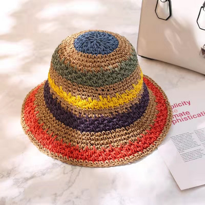 Női szivárvány csíkos vödörsapkák szalma kéz nyári UV védelem strand összecsukható nyaralás tengerparti utazás napsapkák Gorras