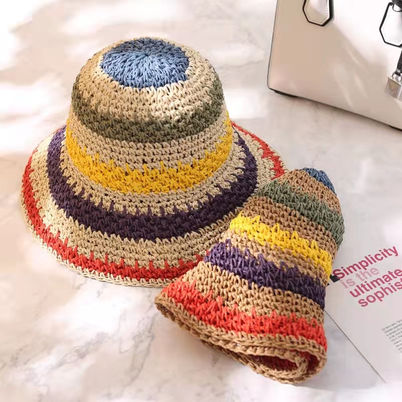 Női szivárvány csíkos vödörsapkák szalma kéz nyári UV védelem strand összecsukható nyaralás tengerparti utazás napsapkák Gorras