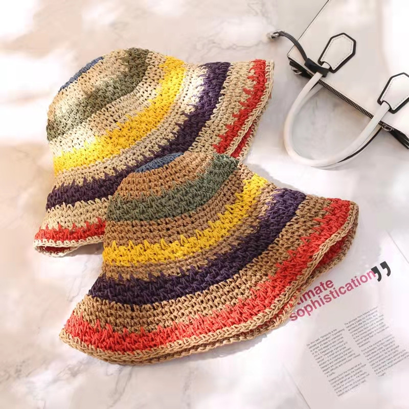 Női szivárvány csíkos vödörsapkák szalma kéz nyári UV védelem strand összecsukható nyaralás tengerparti utazás napsapkák Gorras
