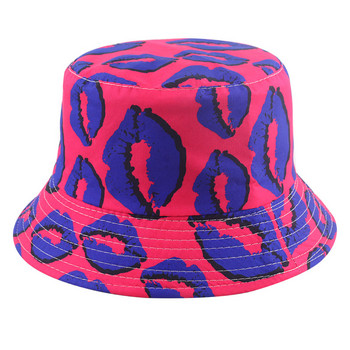 Winfox New Fashion Pink Blue Chapeau Gorro Lips Print Lips Καπέλα με κάδο αναστρέψιμα Καπέλα ψαρέματος Γυναικεία Γυναικεία