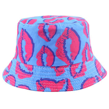 Winfox New Fashion Pink Blue Chapeau Gorro Lips Print Lips Καπέλα με κάδο αναστρέψιμα Καπέλα ψαρέματος Γυναικεία Γυναικεία