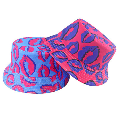 Winfox Új divat Rózsaszín Kék Chapeau Gorro Lips Print Lips Print Vödörsapkák Megfordítható horgászsapkák Női Hölgyek