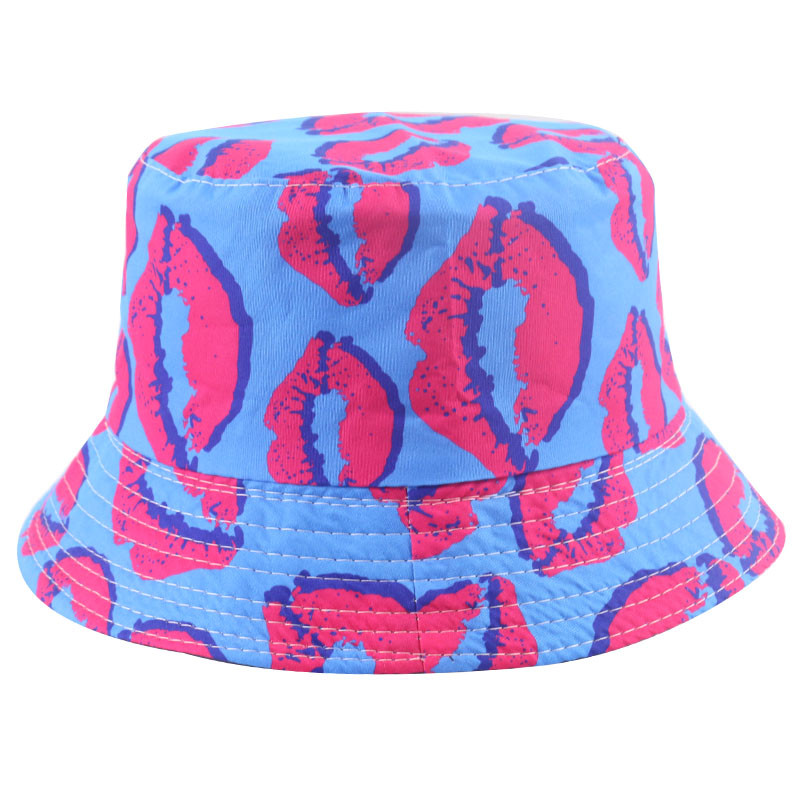 Winfox Új divat Rózsaszín Kék Chapeau Gorro Lips Print Lips Print Vödörsapkák Megfordítható horgászsapkák Női Hölgyek