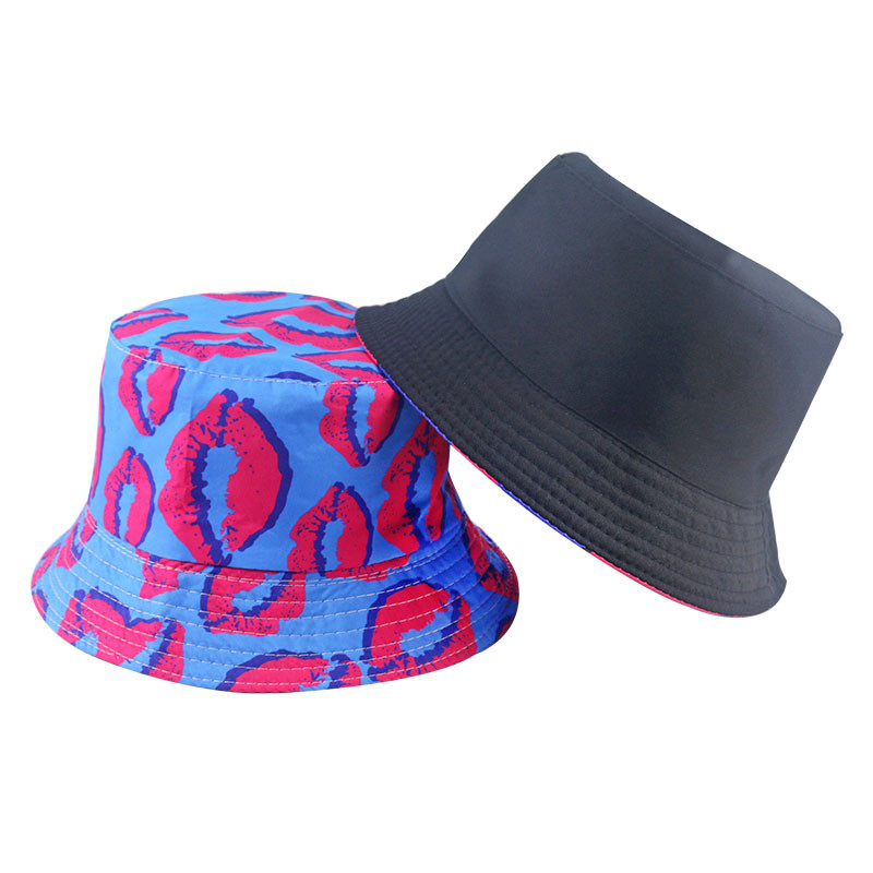 Winfox Új divat Rózsaszín Kék Chapeau Gorro Lips Print Lips Print Vödörsapkák Megfordítható horgászsapkák Női Hölgyek