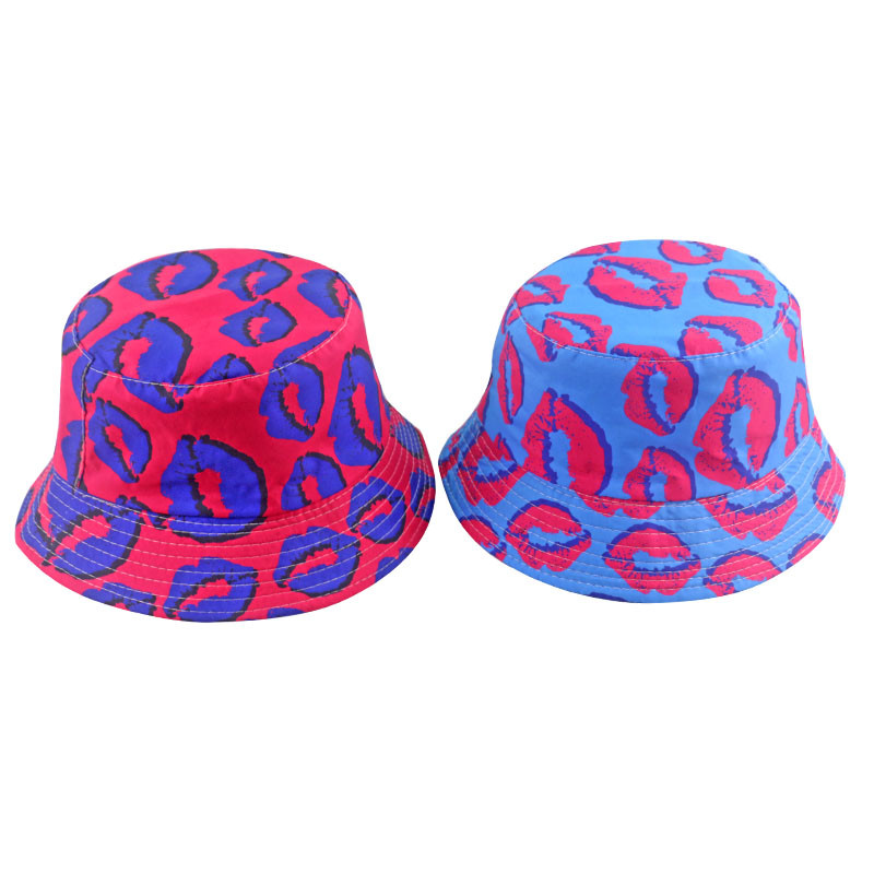 Winfox Új divat Rózsaszín Kék Chapeau Gorro Lips Print Lips Print Vödörsapkák Megfordítható horgászsapkák Női Hölgyek