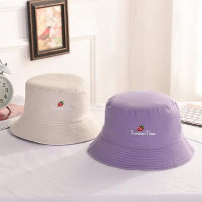 1 ΤΕΜ χαριτωμένα κεντημένα καπέλα από φράουλα Μοναδικά καπέλα διπλής όψης αντι-UV Sun Bucket Καπέλα Unisex Fashion Panama Cap Hip Hop Gorro