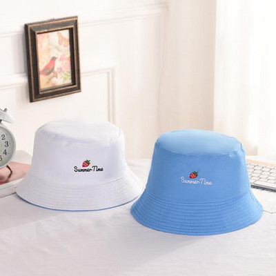 1 ΤΕΜ χαριτωμένα κεντημένα καπέλα από φράουλα Μοναδικά καπέλα διπλής όψης αντι-UV Sun Bucket Καπέλα Unisex Fashion Panama Cap Hip Hop Gorro