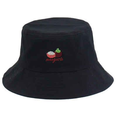 Unisex ljetni pamučni šešir s kantom Slatka ribarska kapa s izvezenim voćem od mangostina, jednobojna vanjska široka oboda za sunčanje