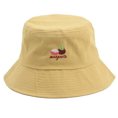 Unisex ljetni pamučni šešir s kantom Slatka ribarska kapa s izvezenim voćem od mangostina, jednobojna vanjska široka oboda za sunčanje