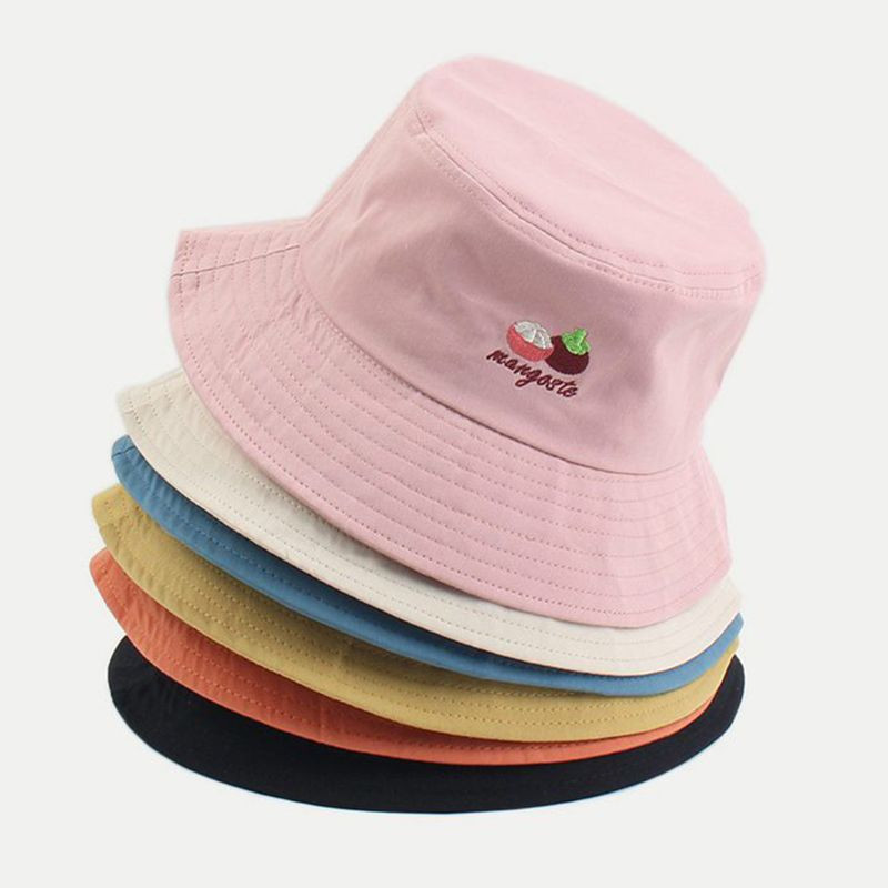 Unisex ljetni pamučni šešir s kantom Slatka ribarska kapa s izvezenim voćem od mangostina, jednobojna vanjska široka oboda za sunčanje