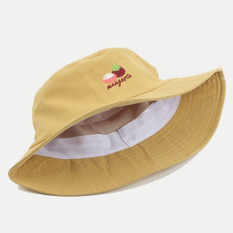 Unisex ljetni pamučni šešir s kantom Slatka ribarska kapa s izvezenim voćem od mangostina, jednobojna vanjska široka oboda za sunčanje